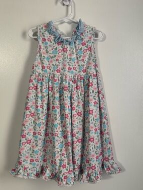 Girls White Floral Ruffle Dress with Pink & Blue Flowers